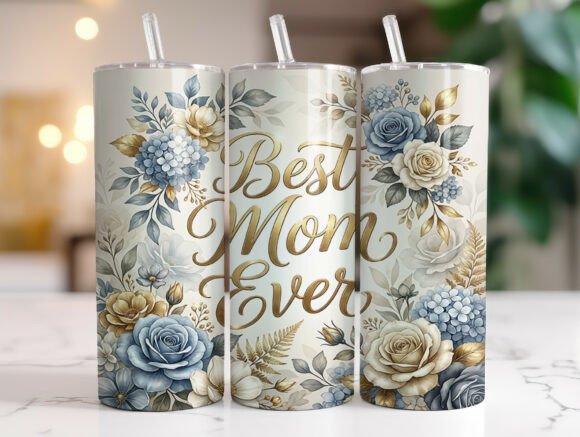 Best Mom Ever Blue Floral Gold Tumbler